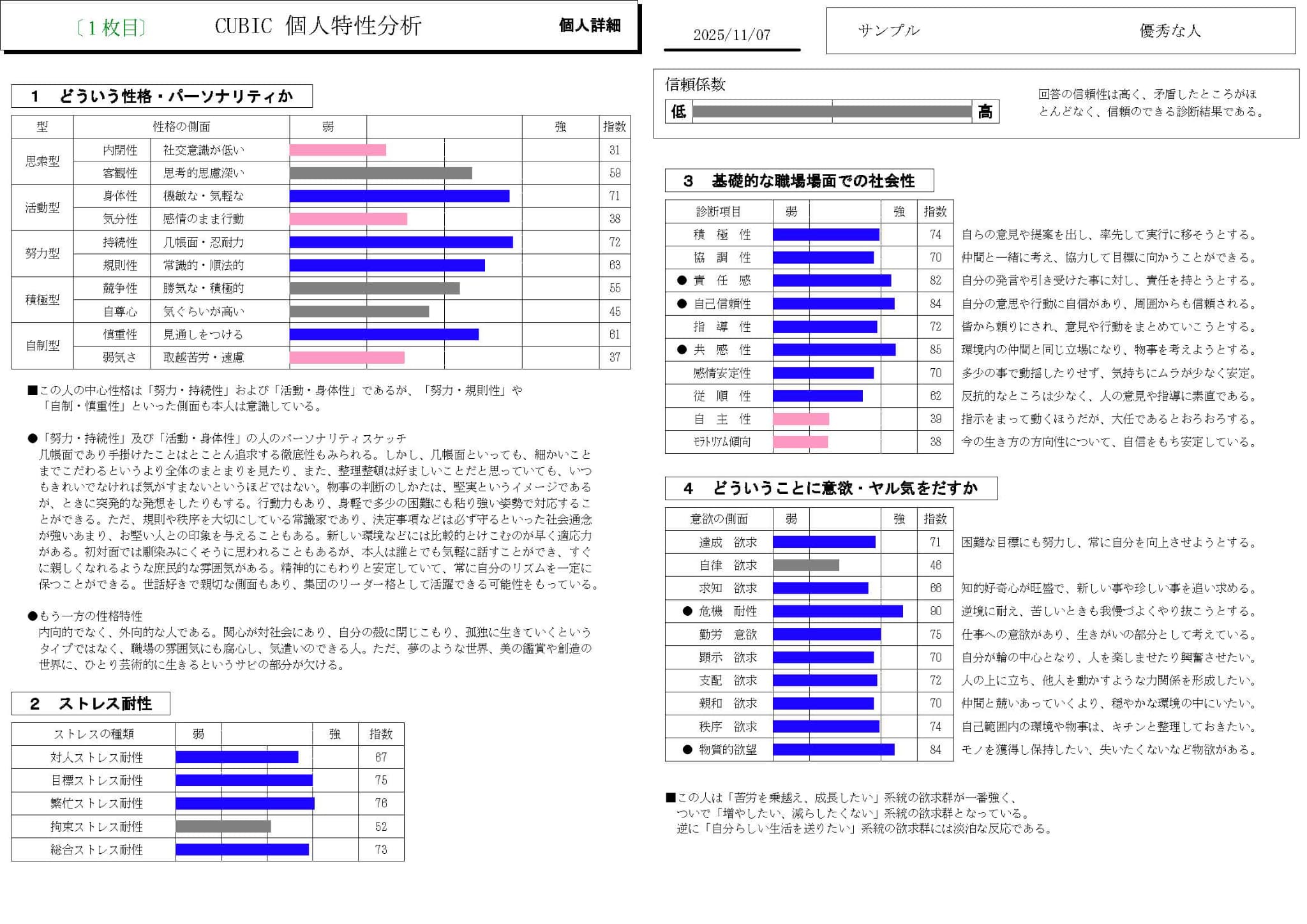 CUBIC適性検査 サンプル「優秀な人」の個人詳細レポート