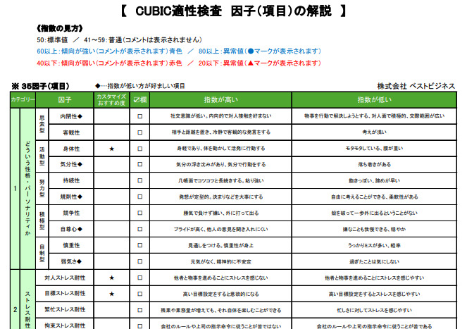 CUBIC適性検査の因子・項目の解説：35の心理特性とストレス耐性の意味をまとめたPDF